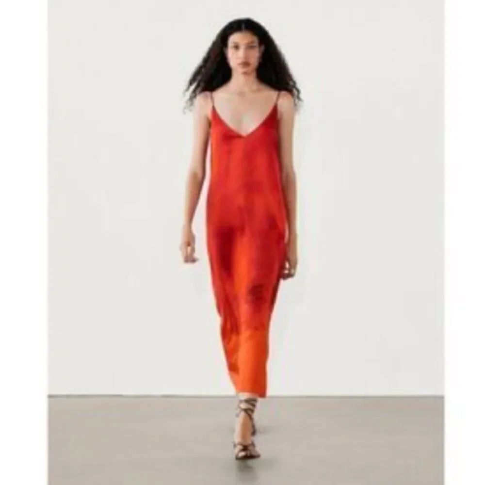 Massimo Dutti Womens Slip Midi Dress Large L Red Ombre Print 6641/813 NWT